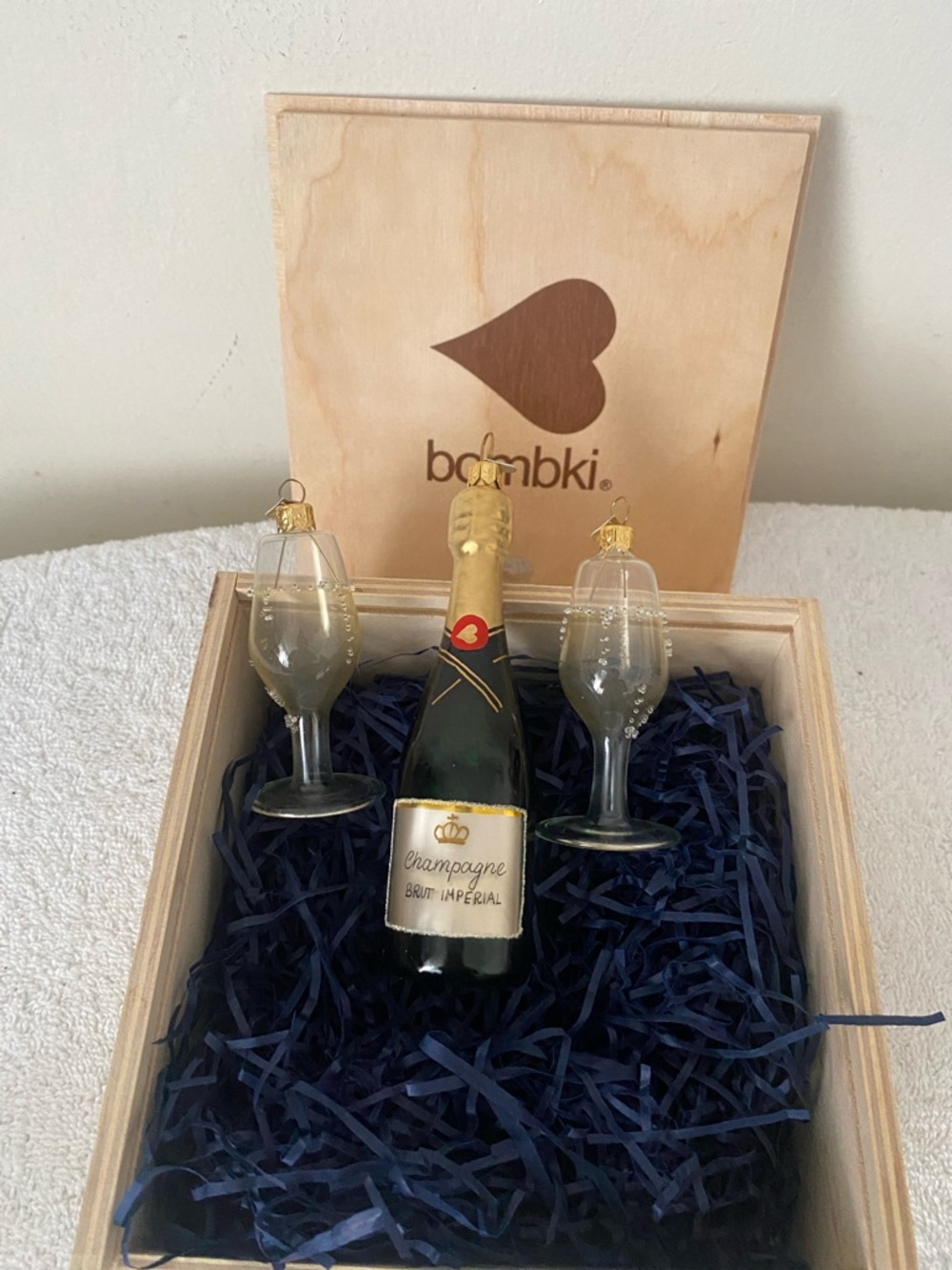 bombki Champagne Bottle & Flute Ornament Set - Gold, Green, Clear